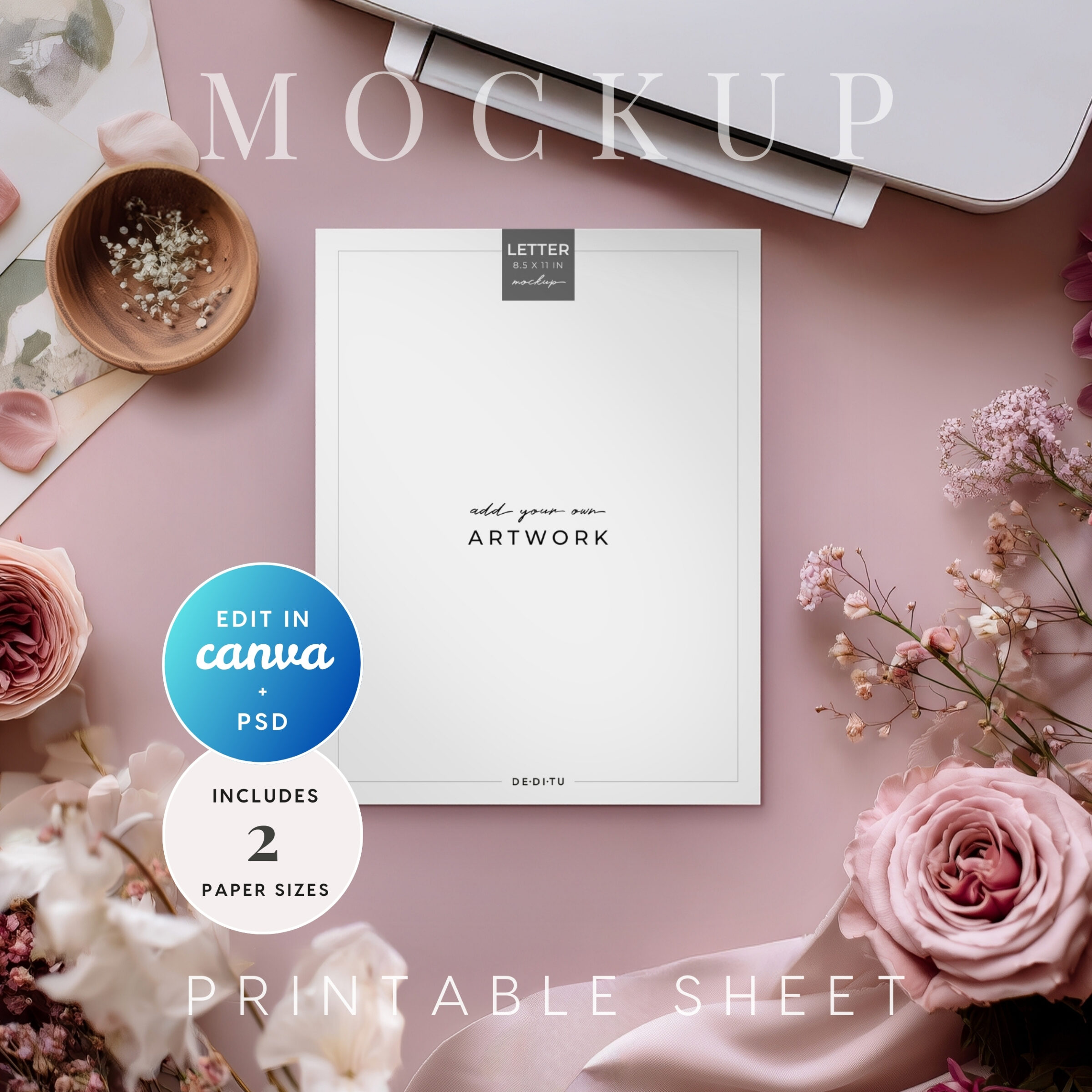 Mauve Bloom Printer with Paper Mockup
