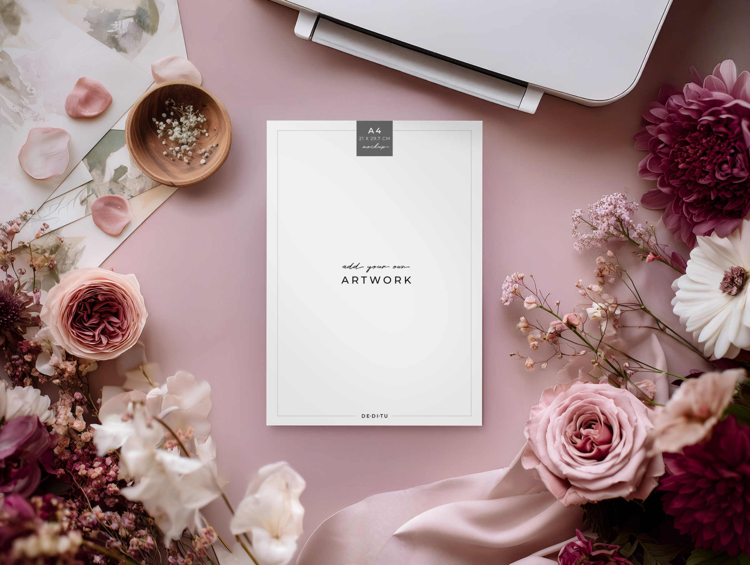 Mauve Bloom Printer with Paper Mockup - A4 Paper Size